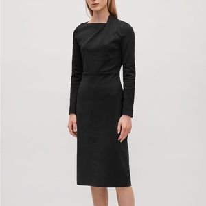 COS Black Long Sleeve Asymmetrical Neckline Stretch Midi Sheath Dress